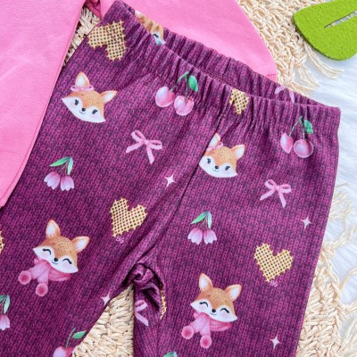 Conj. Casaco de Moletom Pequena Diva e Calça Legging Raposinha e Frutinhas - Rose